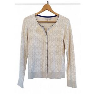 Banana Republic Tan/Cream Cotton Patterned Blue Trim Soft Classic Cardigan Small